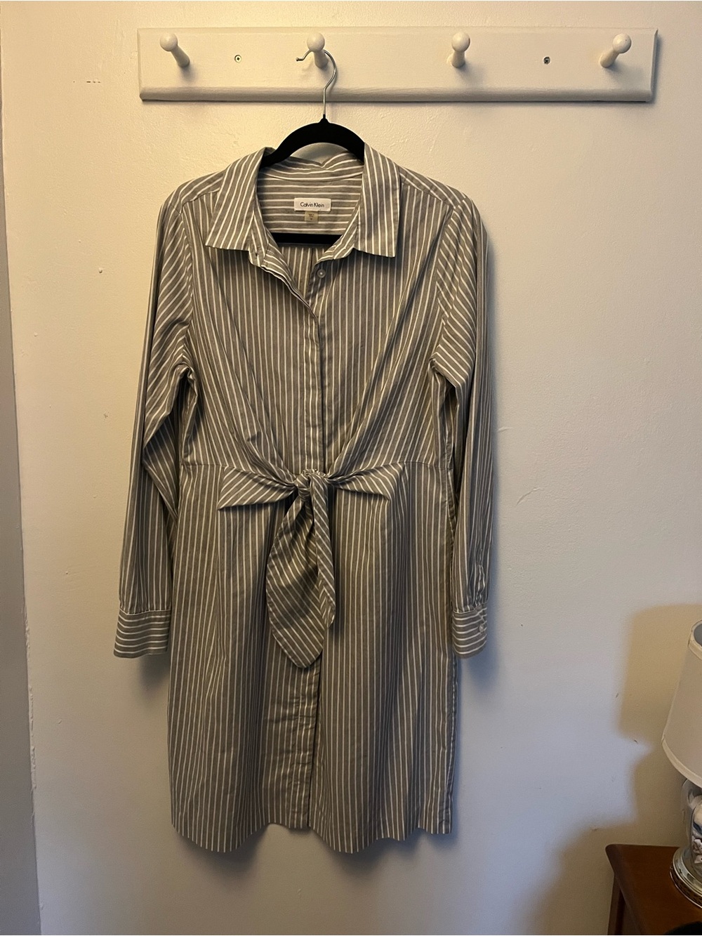 Calvin Klein Gray and White Striped Tie-Waist Shirt Dress